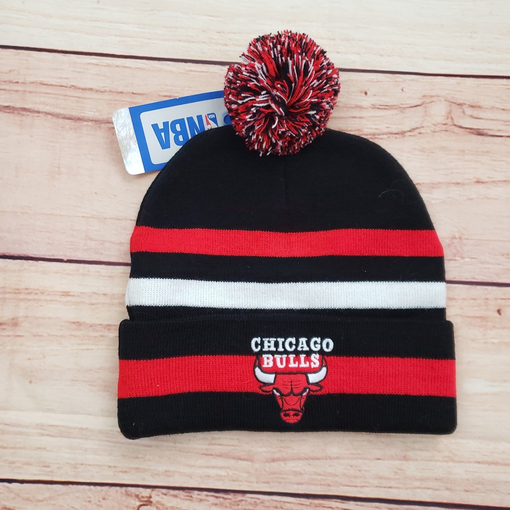 NEW‎ Chicago Bulls Hat Cap Beanie One Size Black Red NBA Basketball Mens POM POM